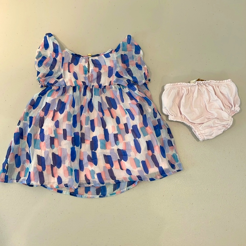 EUC Kate Spade Brush Strokes Ruffle Chiffon Dress w/ Bloomers 12 Months